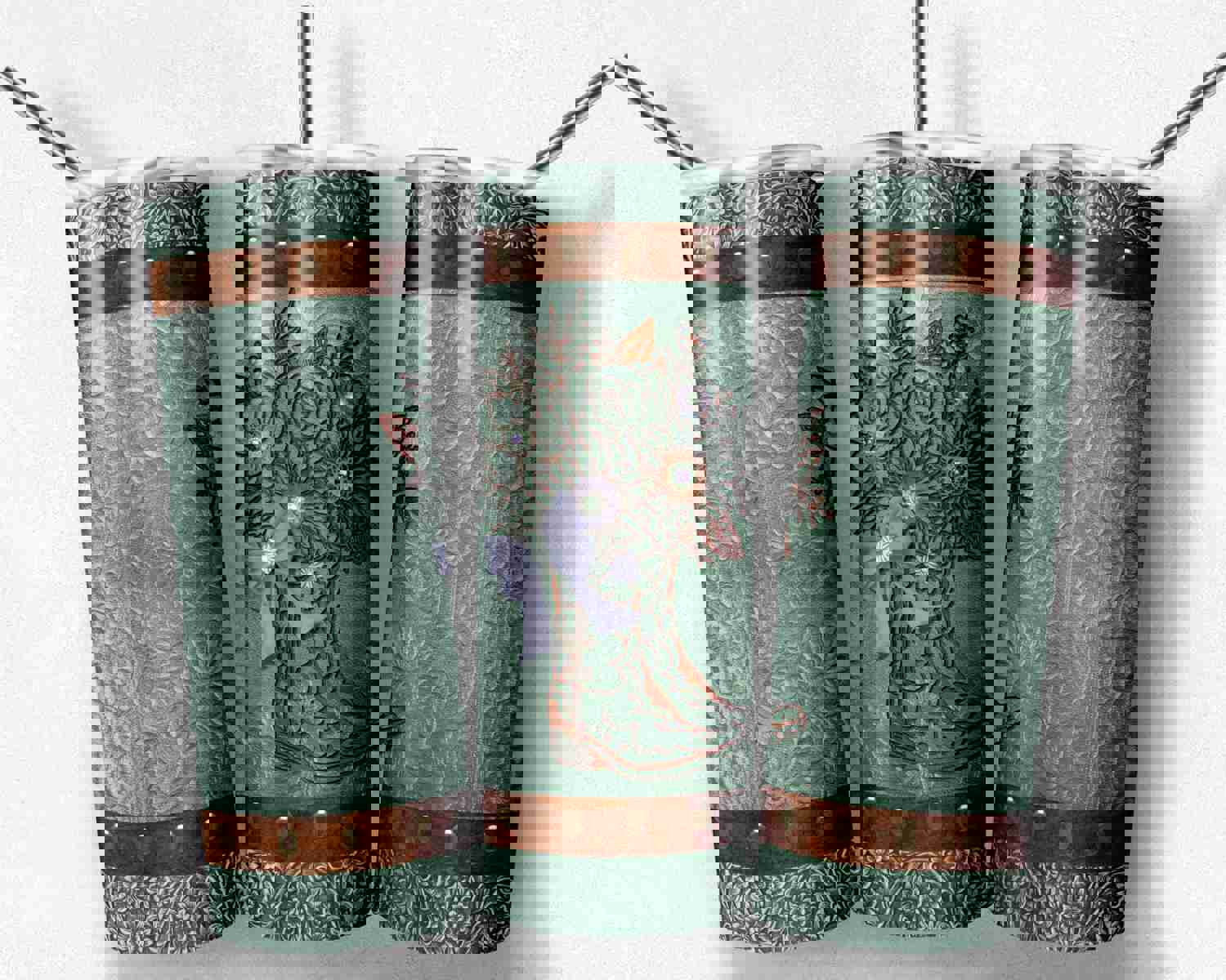 Tooled Leather Cowgirl Sage and Violet Boot with Bow - Digital Design Files