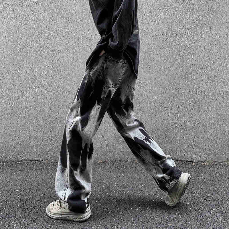 Nukty Tie-dye Jeans Men High Street Straight Denim Pants