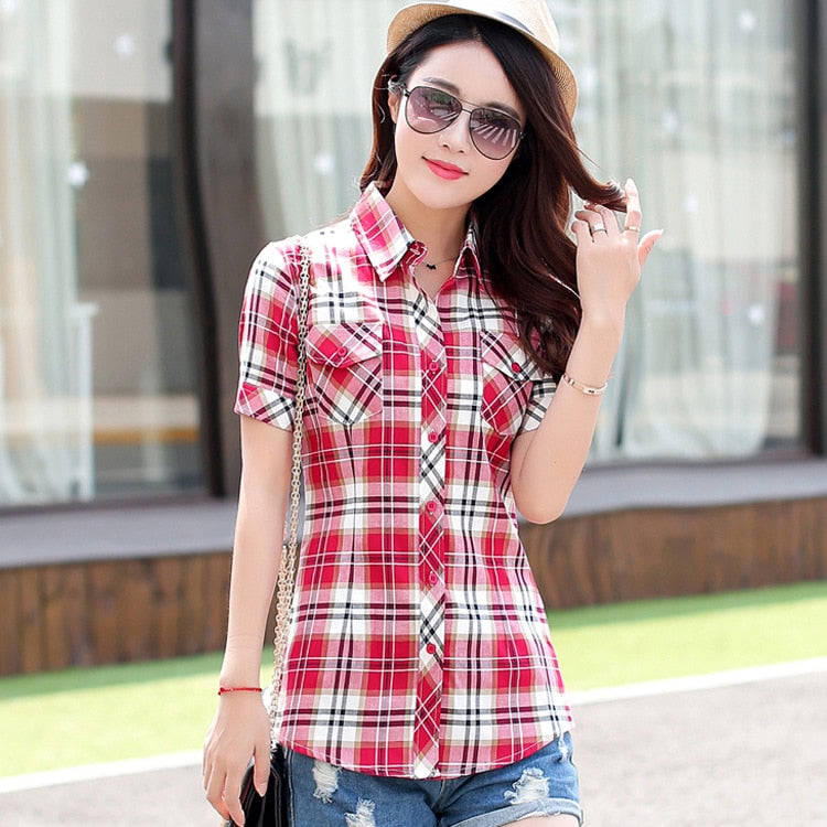 2023 Summer New Fashion Plaid Short Sleeve Shirt for Women
