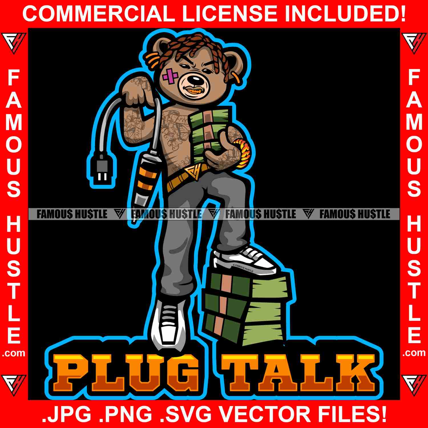 Plug Talk Gangster Teddy Bear Gold Teeth Jewelry Graphic Design T-Shirt Print