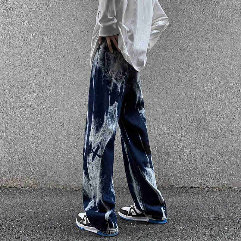 Nukty Tie-dye Jeans Men High Street Straight Denim Pants