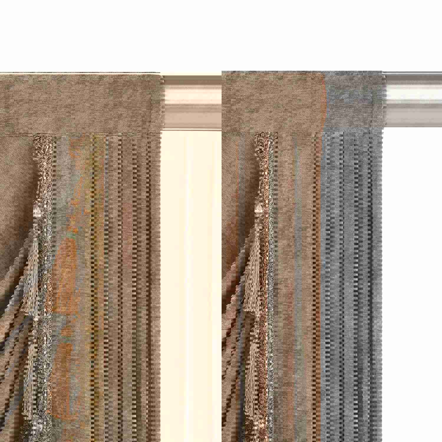 Coffee Chenille Swag Valance with Beads and Tassels