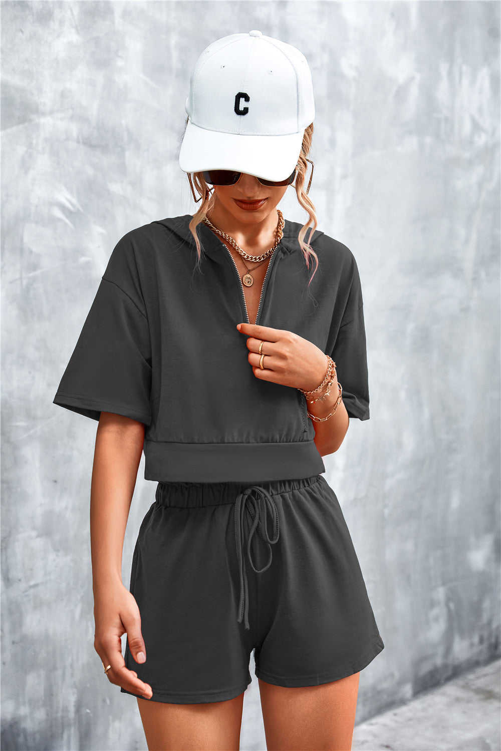 Crop Zip Up Hoodie and Shorts Set - Casual & Chic