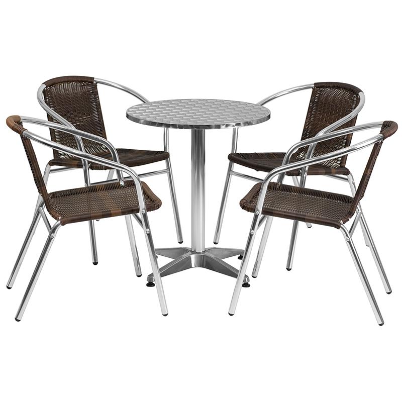 Flash Furniture 23.5" Round Aluminum Indoor-Outdoor Table Set with 4 Dark Brown Rattan Chairs