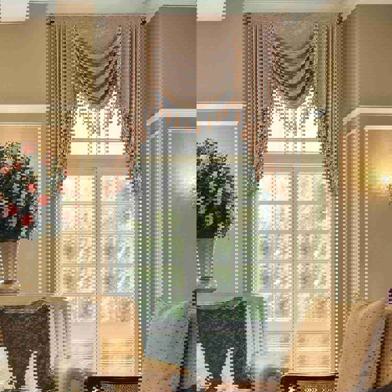 Coffee Chenille Swag Valance with Beads and Tassels