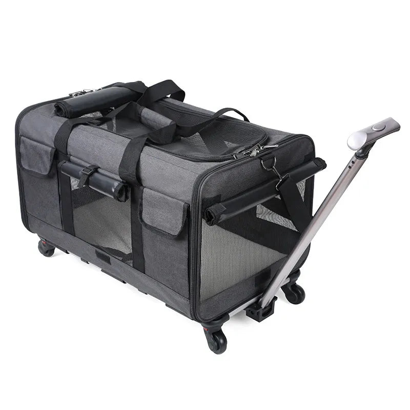 Portable Pet Trolley Case with Detachable Wheels - Breathable & Foldable Large Capacity Travel Bag for Cats and Puppies