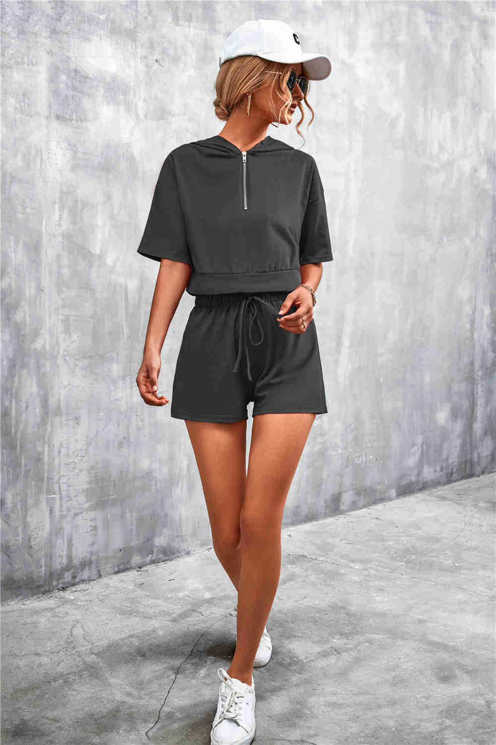 Crop Zip Up Hoodie and Shorts Set - Casual & Chic