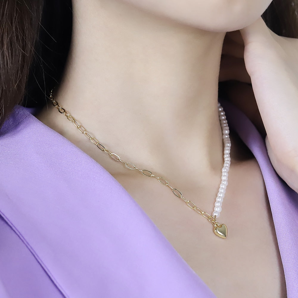 Japan and Korea Pearl Love Pendant Necklace - Trendy Asymmetric Clavicle Chain Punk Choker for Women