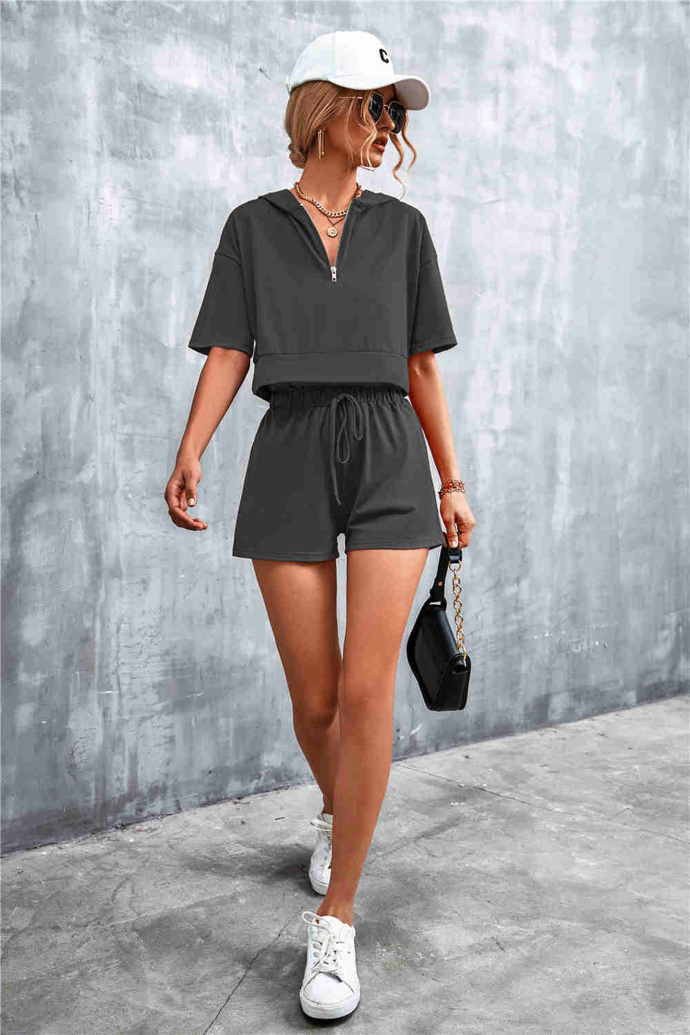 Crop Zip Up Hoodie and Shorts Set - Casual & Chic