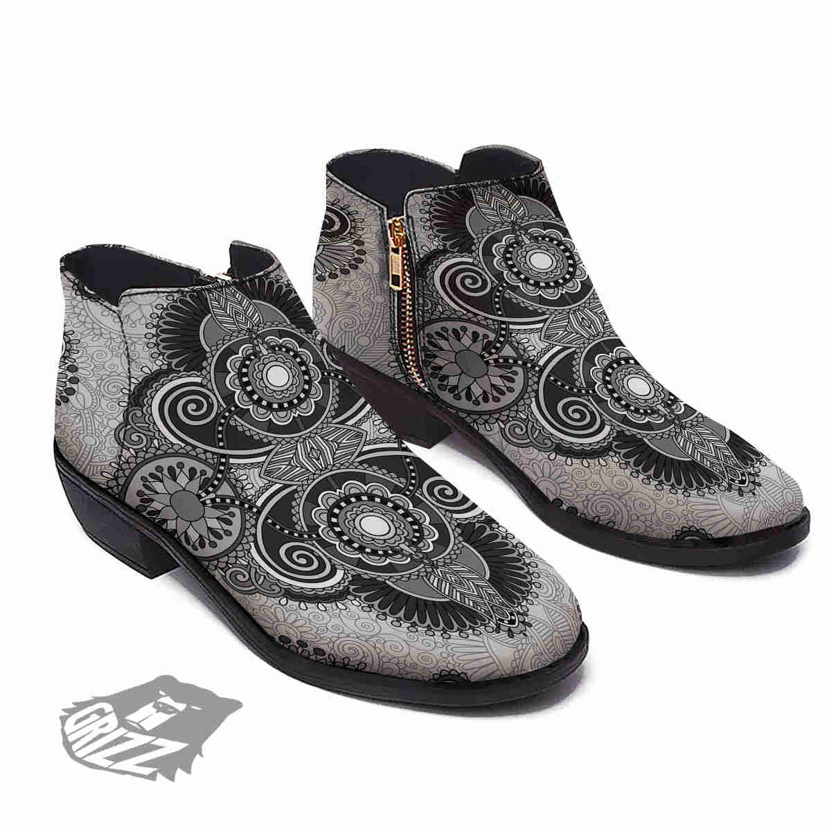 Western Floral Grey And Black Print Ankle Boots