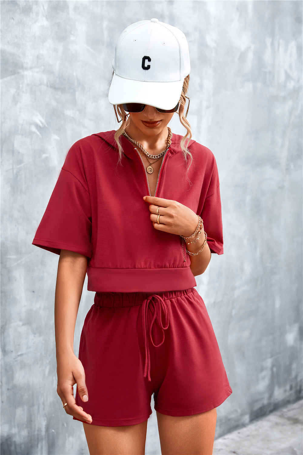 Crop Zip Up Hoodie and Shorts Set - Casual & Chic