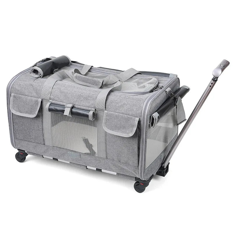 Portable Pet Trolley Case with Detachable Wheels - Breathable & Foldable Large Capacity Travel Bag for Cats and Puppies