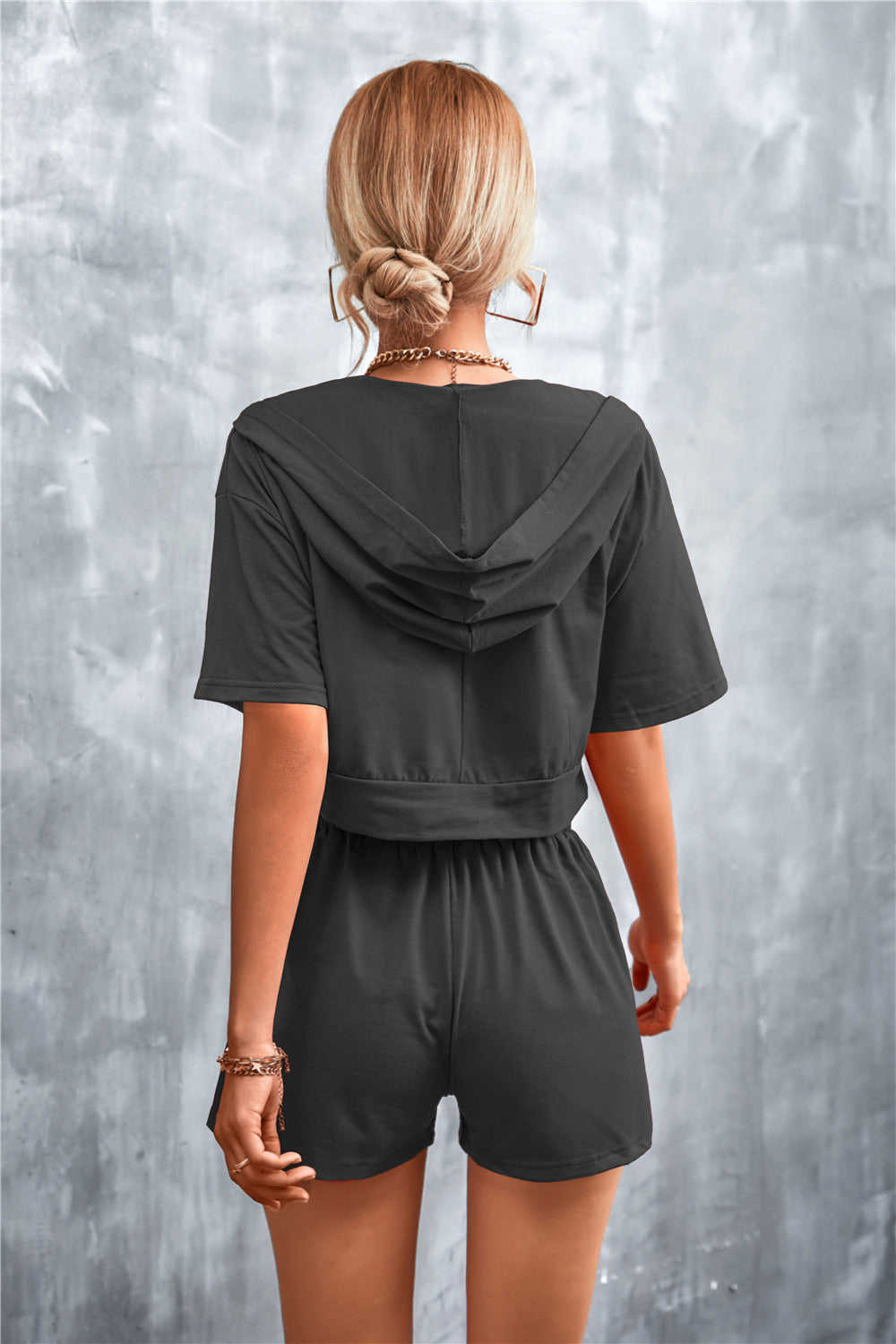 Crop Zip Up Hoodie and Shorts Set - Casual & Chic