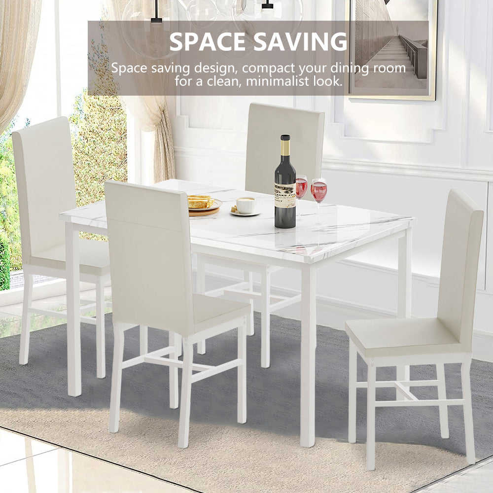 5 Piece Kitchen Dining Table and Chair Set with Faux Marble Table and PU Leather Chairs