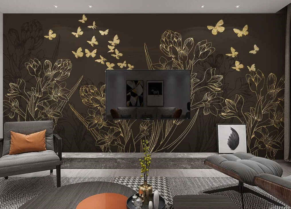 Brown Floral Peel and Stick Wallpaper Mural with Butterfly Design