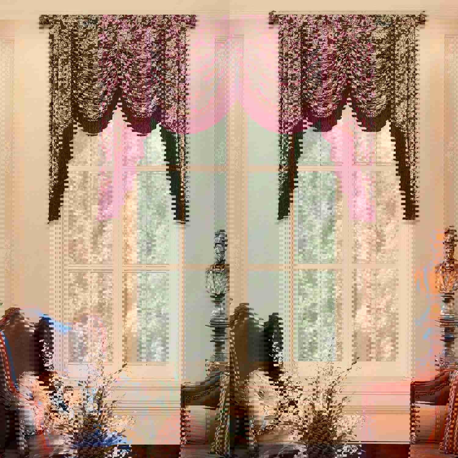 Burgundy Swag Valance with Classical Floral Pattern