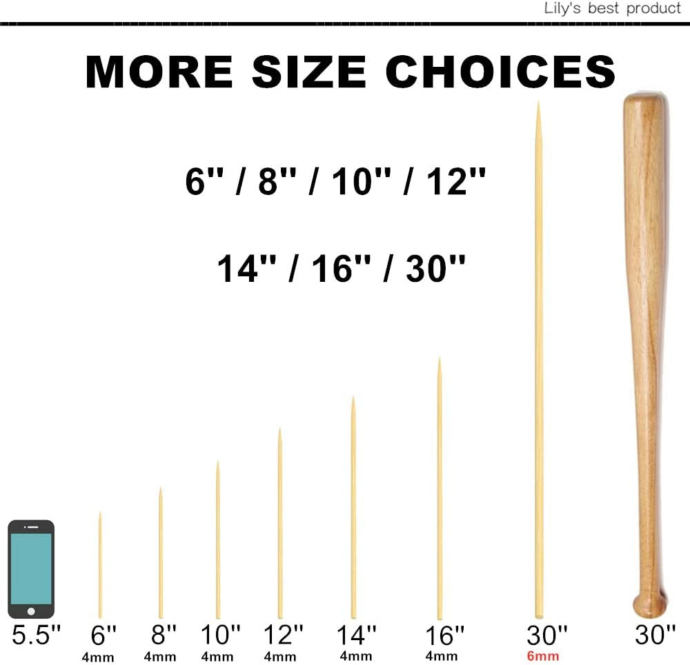 10 Natural Bamboo Skewers for BBQ, Appetizers, Fruit, Cocktails, and More - Multiple Sizes Available (4mm Thick, 100 PCS)