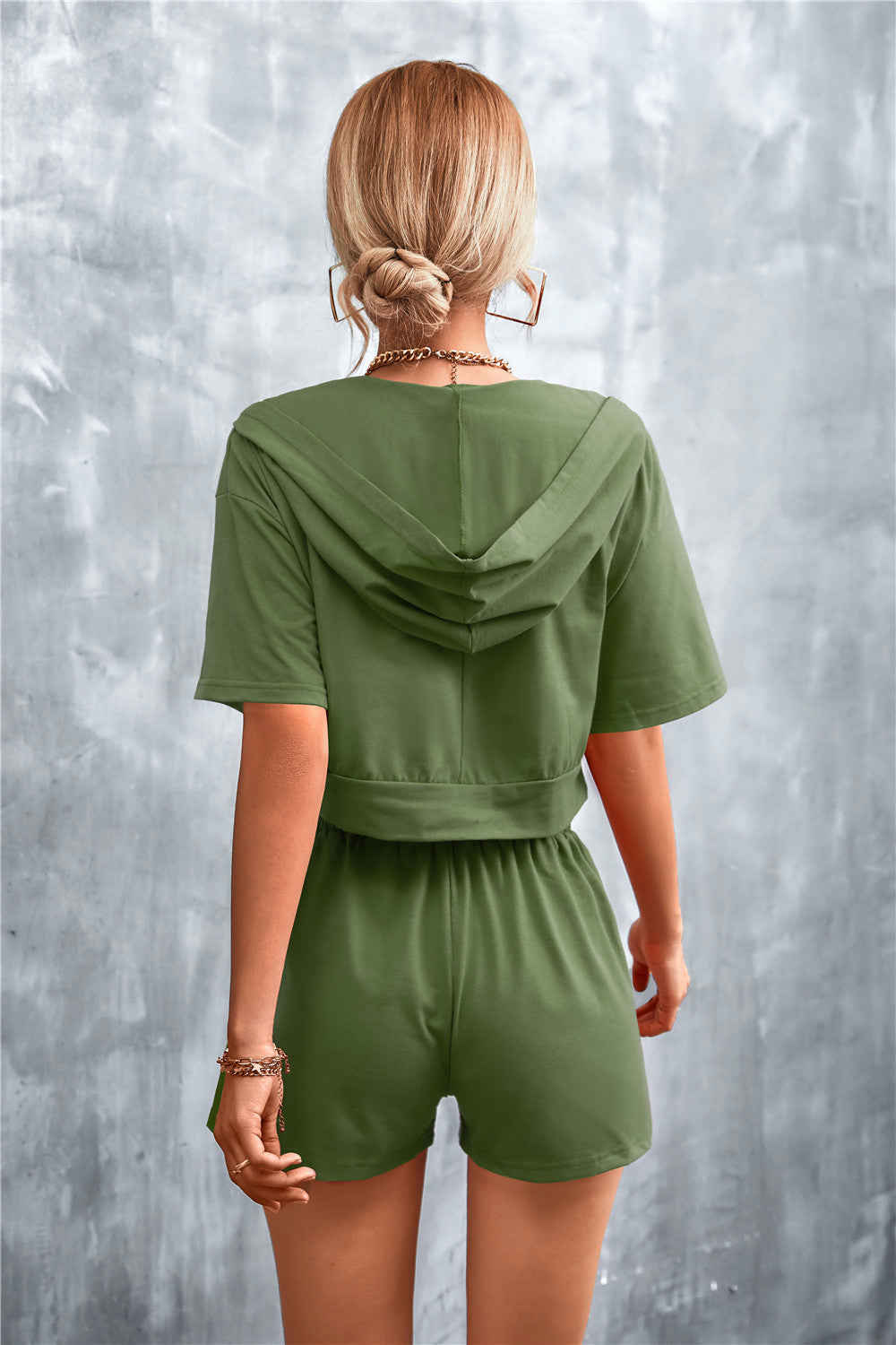 Crop Zip Up Hoodie and Shorts Set - Casual & Chic