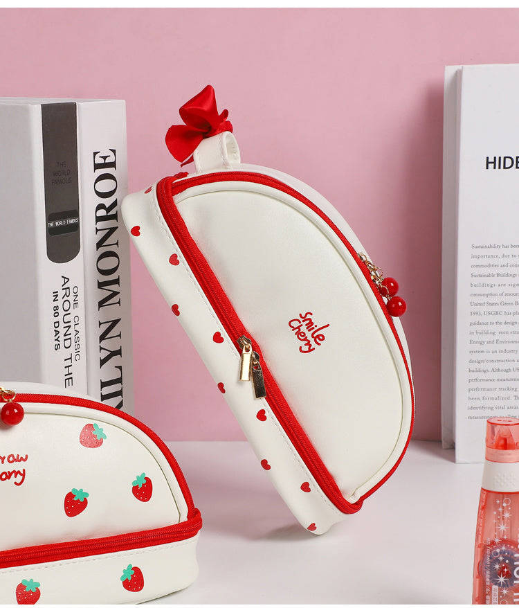 Lkblock Large Capacity Cherry Pencil Cases - Double-Layer Kawaii PU Pencil Bag for School & Office