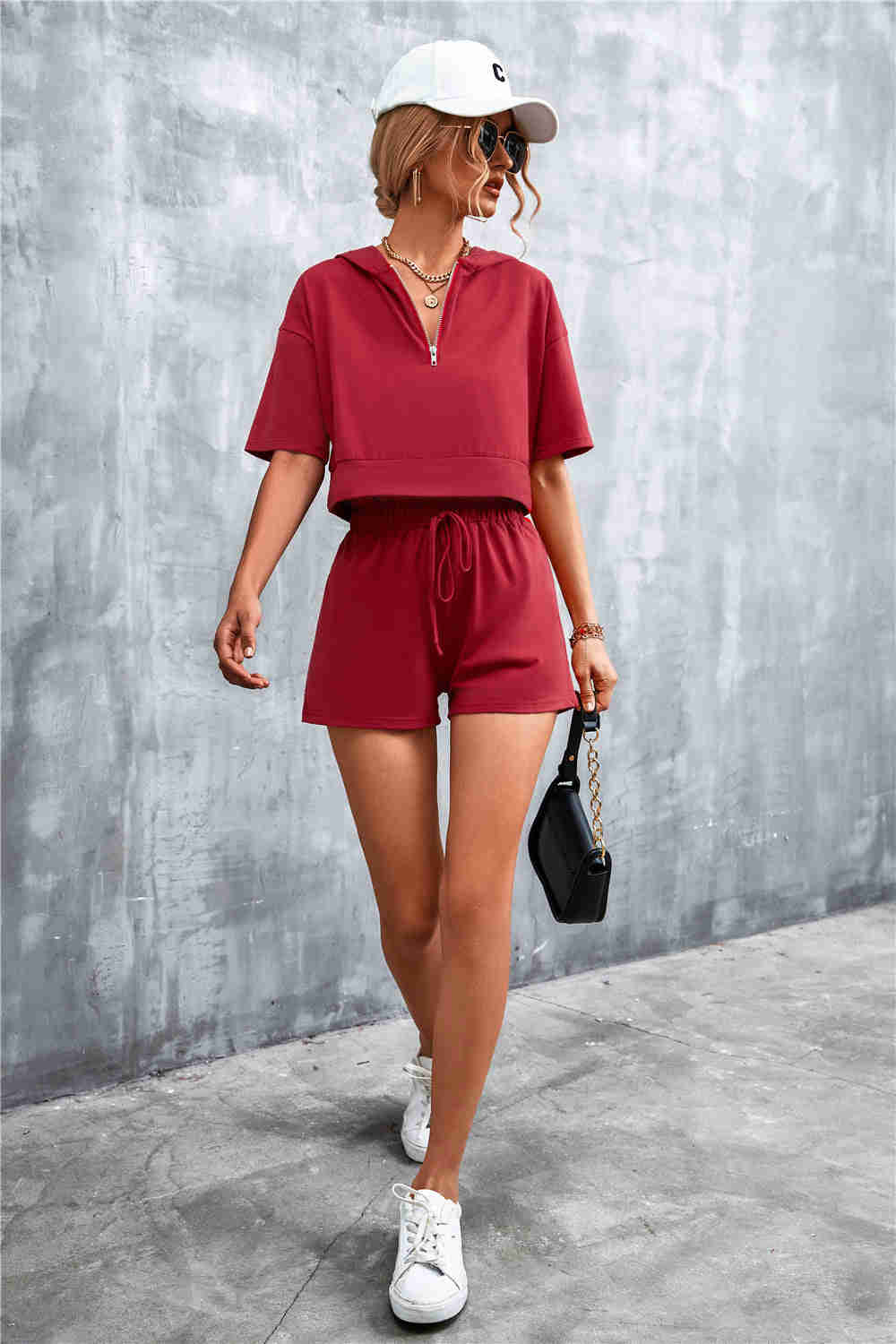 Crop Zip Up Hoodie and Shorts Set - Casual & Chic