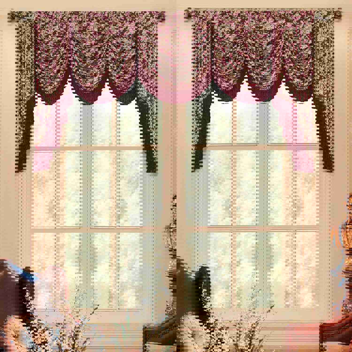 Burgundy Swag Valance with Classical Floral Pattern