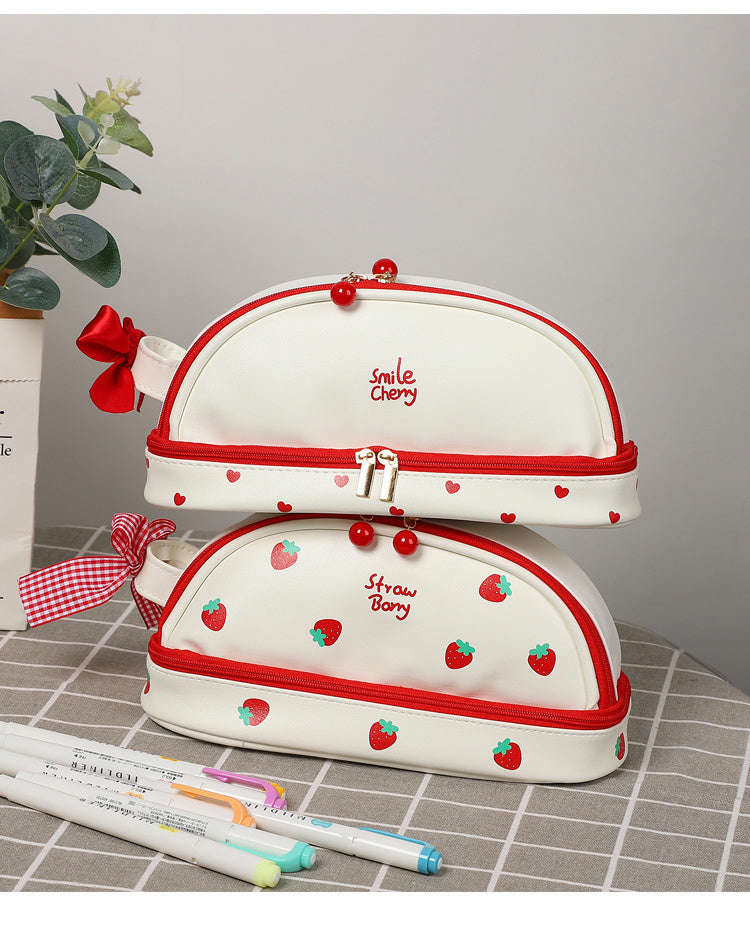 Lkblock Large Capacity Cherry Pencil Cases - Double-Layer Kawaii PU Pencil Bag for School & Office