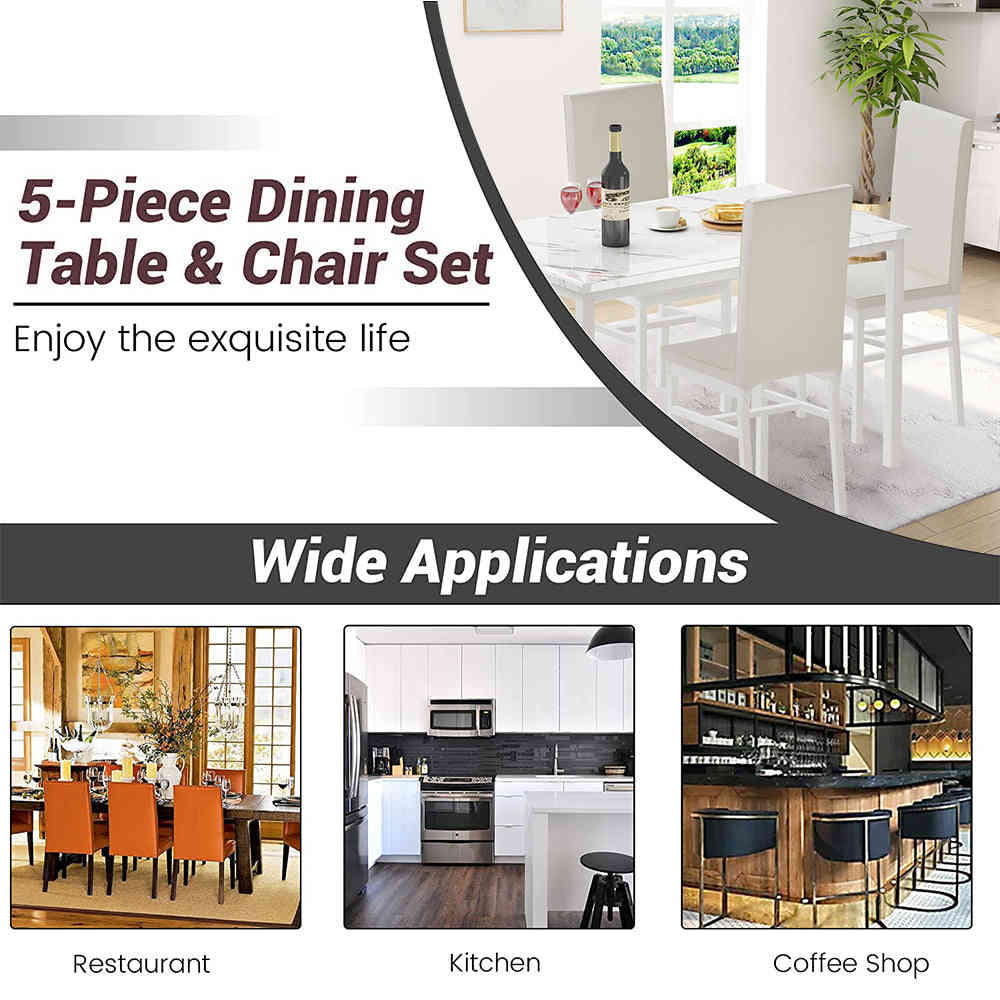 5 Piece Kitchen Dining Table and Chair Set with Faux Marble Table and PU Leather Chairs