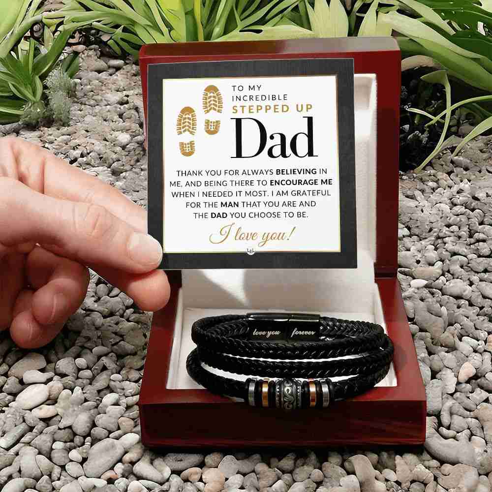 Stepped Up Dad Gift - Mens Leather Bracelet For Dad - Great For Christmas, Fathers Day or His Birthday