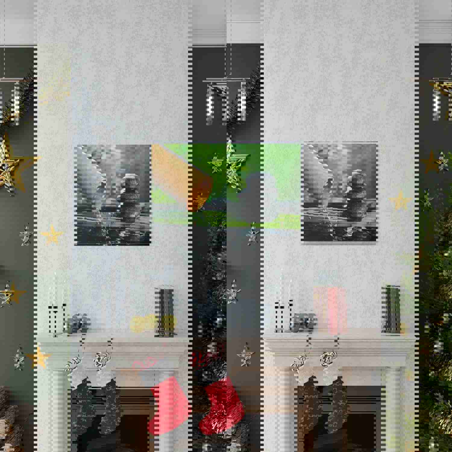 Traditional Bamboo Fountain Forest Floral Nature Photography Canvas Wall Art for Home Decor