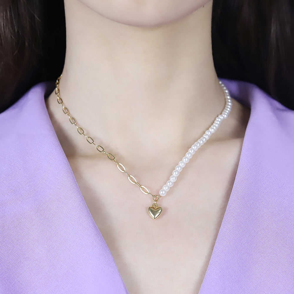 Japan and Korea Pearl Love Pendant Necklace - Trendy Asymmetric Clavicle Chain Punk Choker for Women