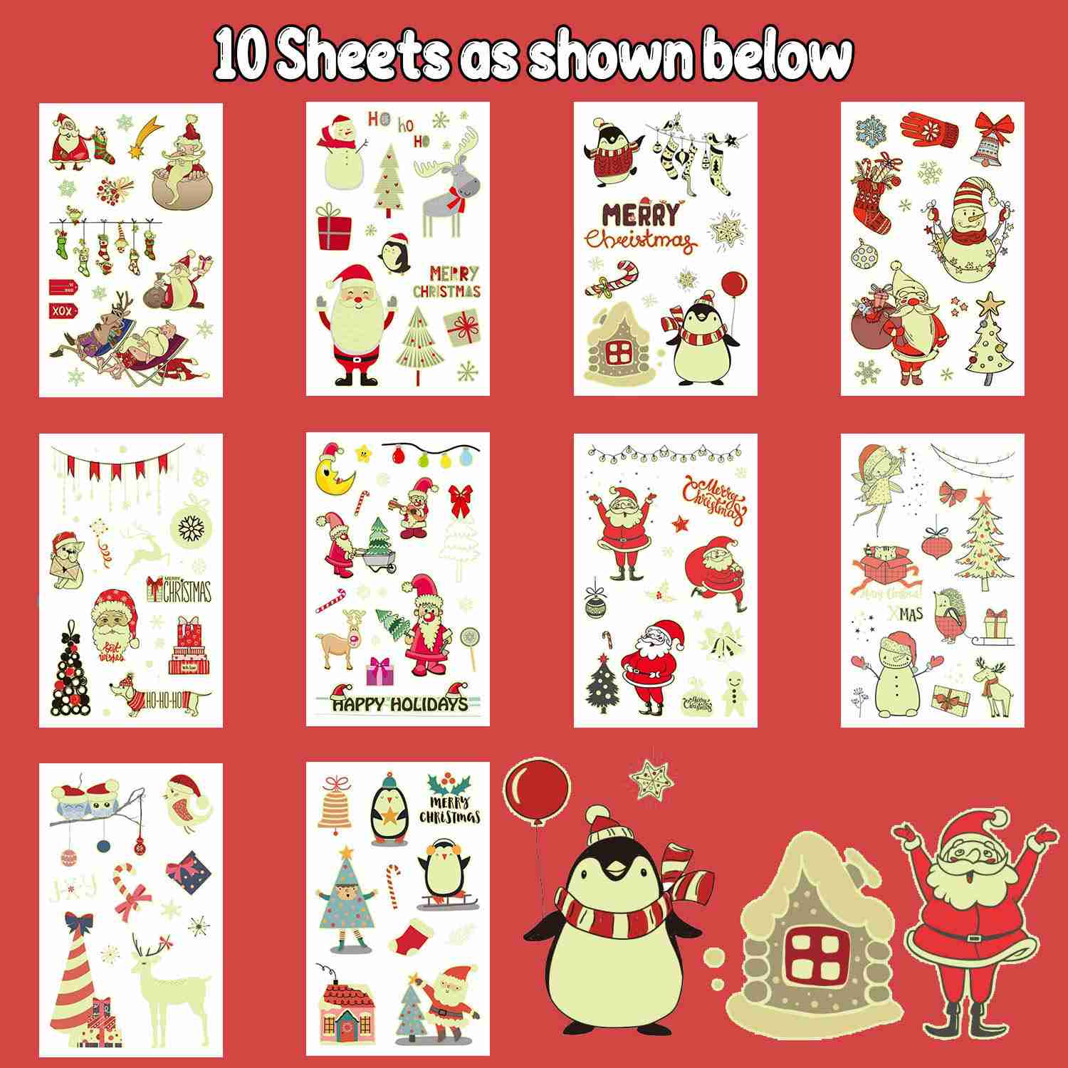 Partywind 10 Sheets Luminous Christmas Temporary Tattoos for Kids - Festive Holiday Stickers for Parties