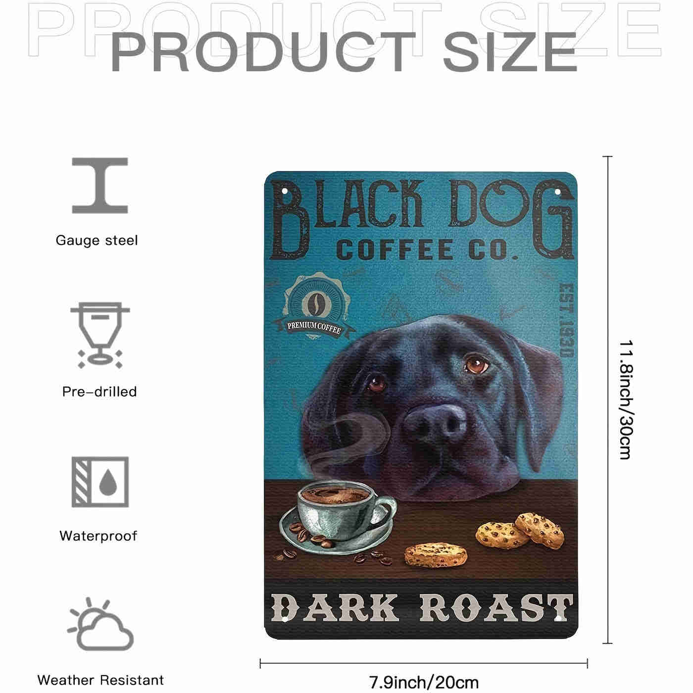 Vintage Black Dog Coffee Dark Roast Metal Tin Sign - Retro Aluminum Decor for Kitchen, Home, Office, Bar, Cafe (8x12 Inches)