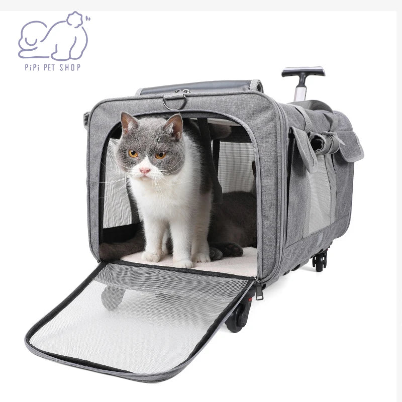 Portable Pet Trolley Case with Detachable Wheels - Breathable & Foldable Large Capacity Travel Bag for Cats and Puppies