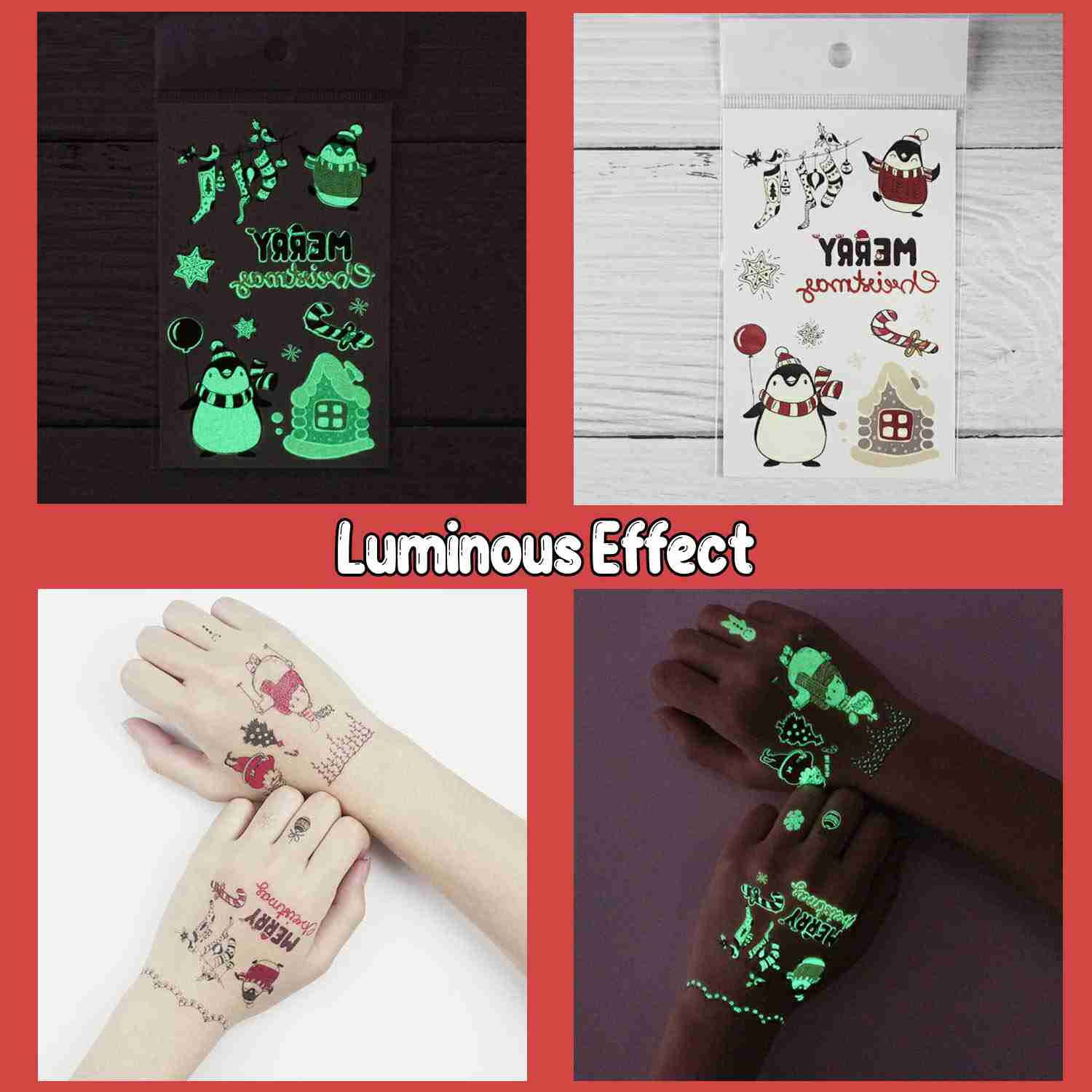 Partywind 10 Sheets Luminous Christmas Temporary Tattoos for Kids - Festive Holiday Stickers for Parties