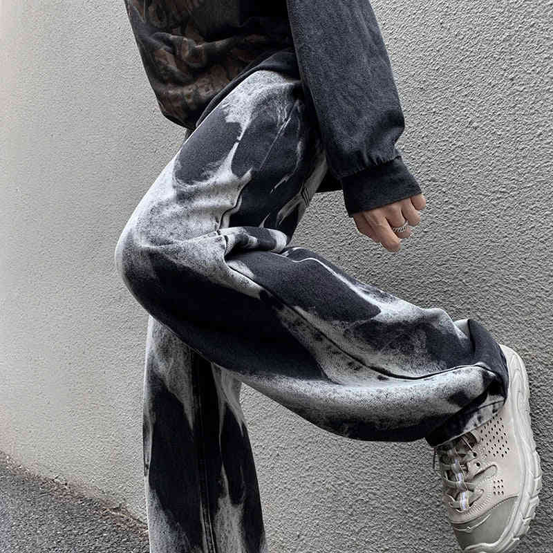 Nukty Tie-dye Jeans Men High Street Straight Denim Pants