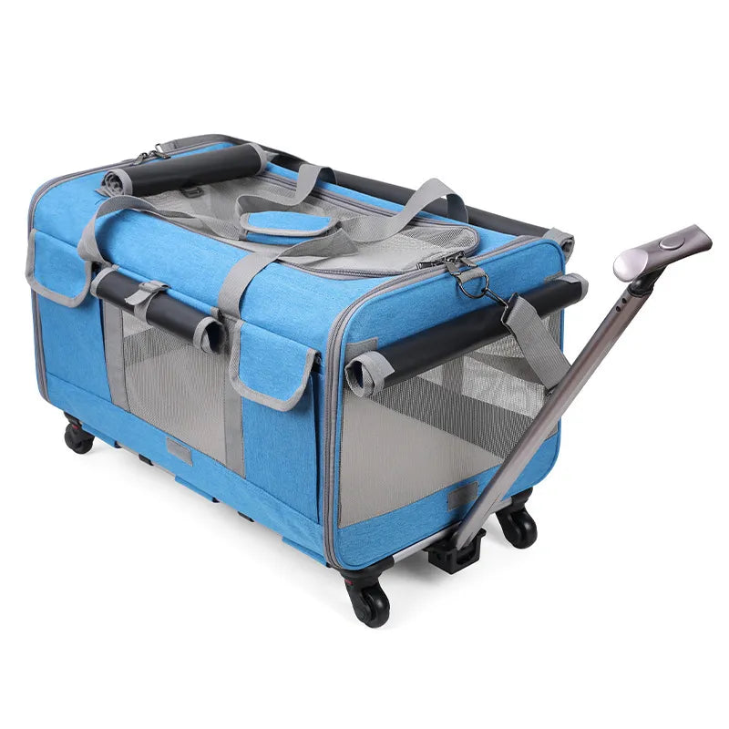 Portable Pet Trolley Case with Detachable Wheels - Breathable & Foldable Large Capacity Travel Bag for Cats and Puppies