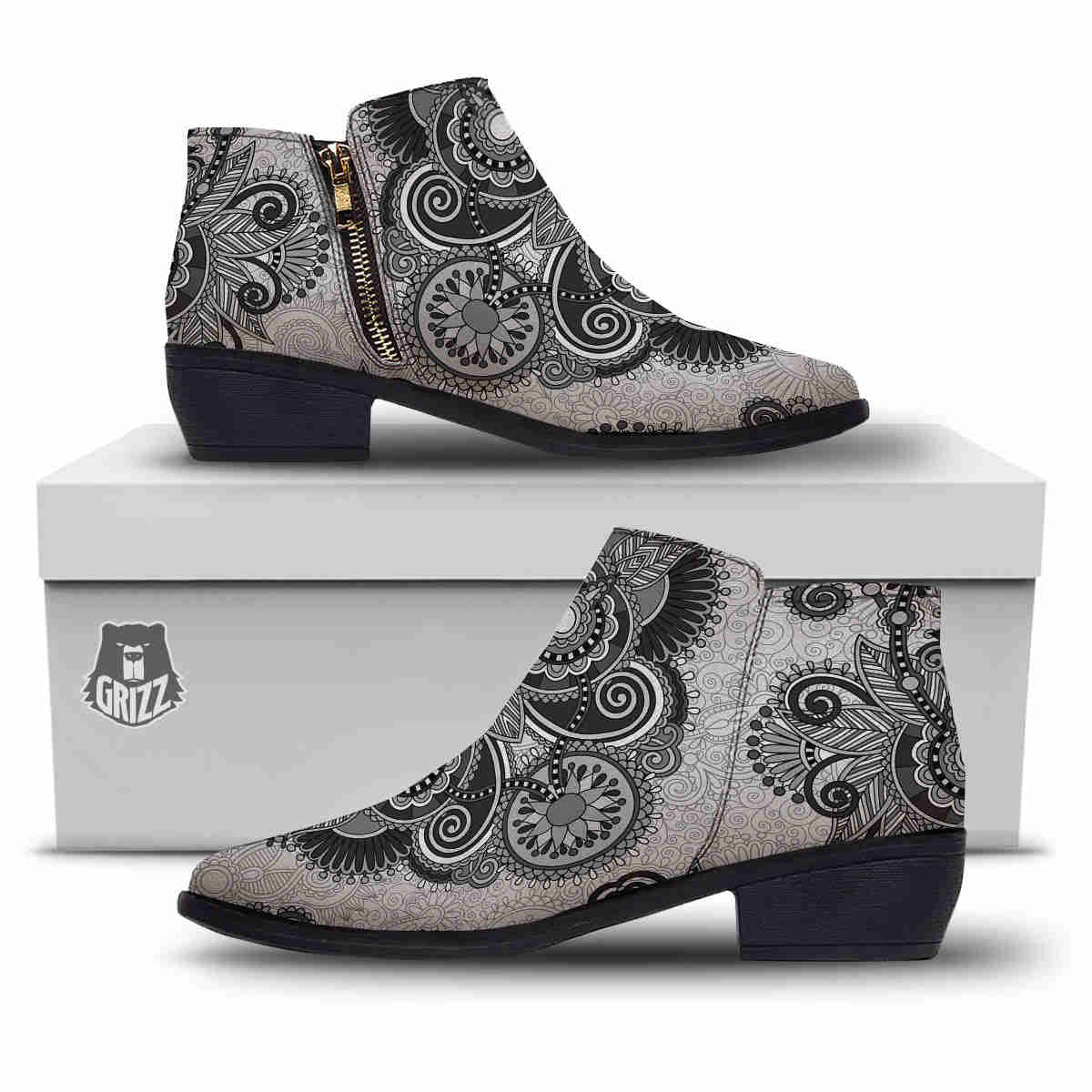 Western Floral Grey And Black Print Ankle Boots