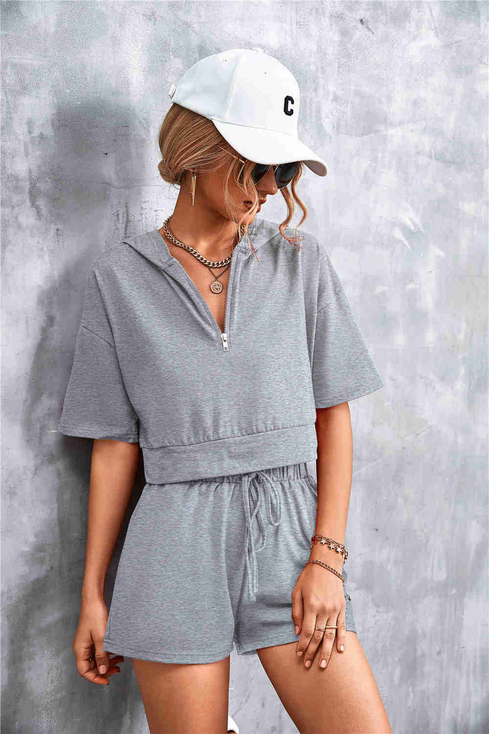 Crop Zip Up Hoodie and Shorts Set - Casual & Chic