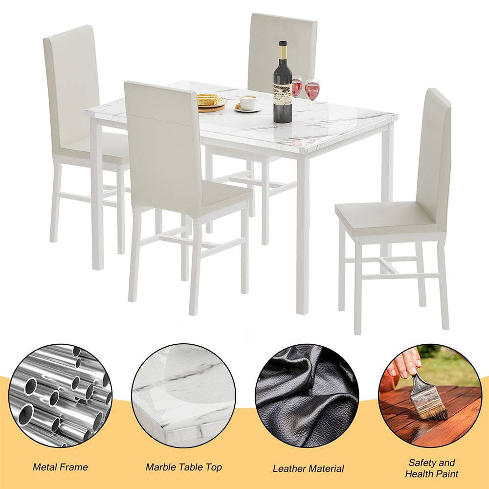 5 Piece Kitchen Dining Table and Chair Set with Faux Marble Table and PU Leather Chairs