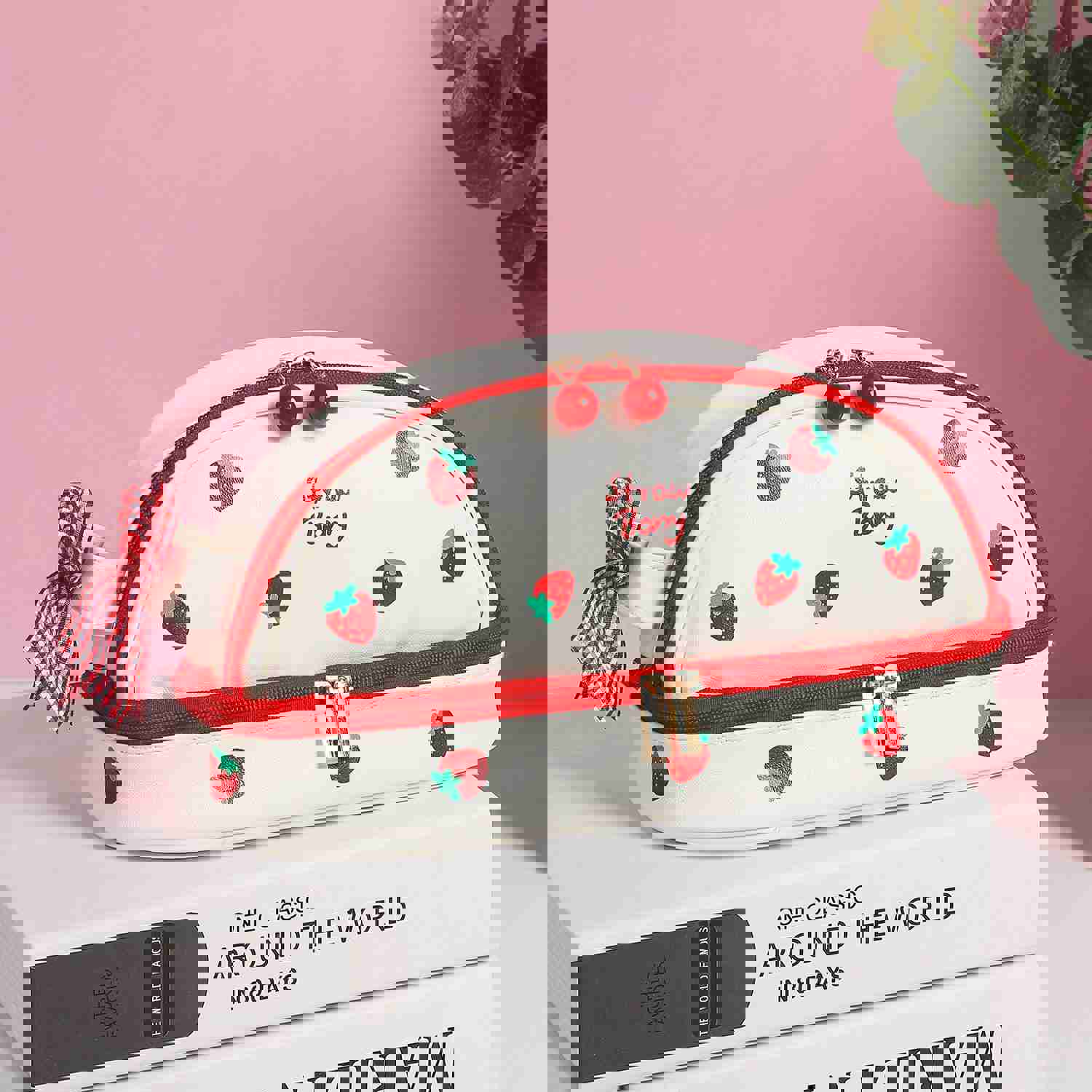 Lkblock Large Capacity Cherry Pencil Cases - Double-Layer Kawaii PU Pencil Bag for School & Office