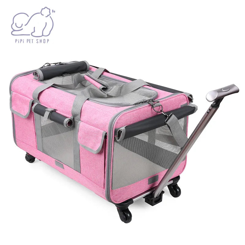 Portable Pet Trolley Case with Detachable Wheels - Breathable & Foldable Large Capacity Travel Bag for Cats and Puppies