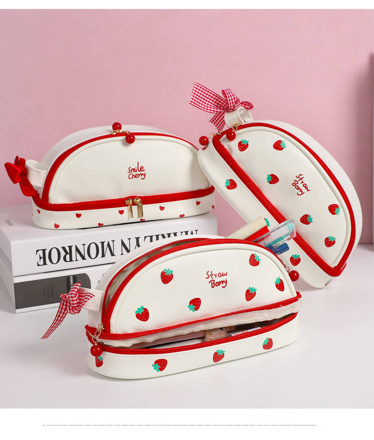 Lkblock Large Capacity Cherry Pencil Cases - Double-Layer Kawaii PU Pencil Bag for School & Office