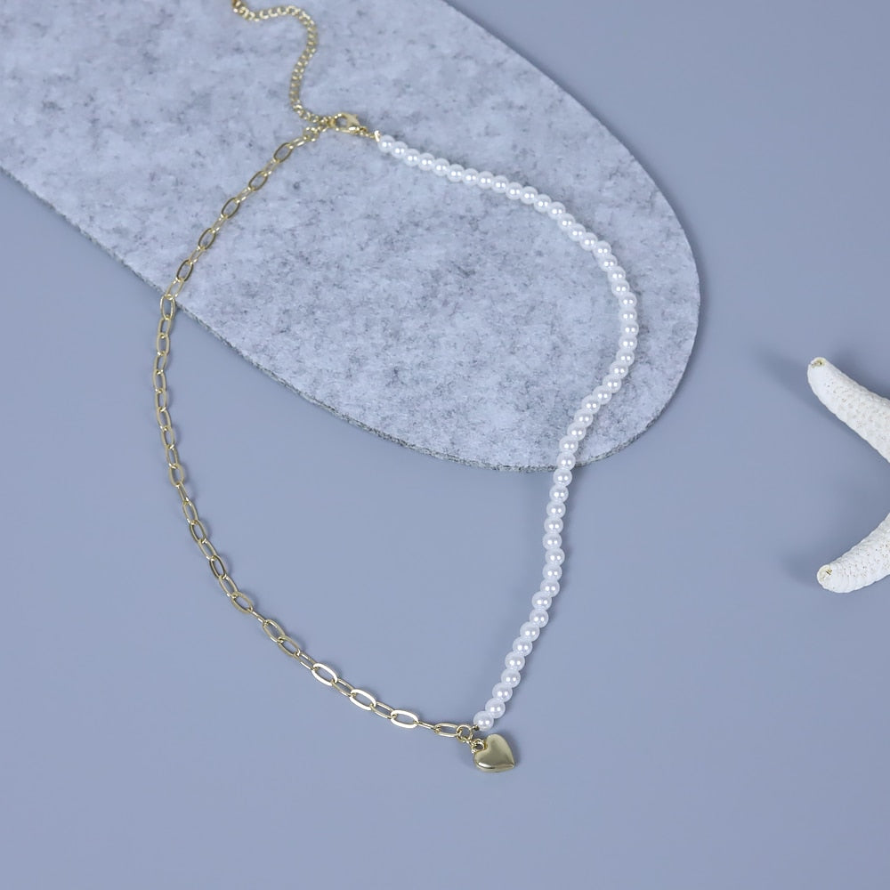 Japan and Korea Pearl Love Pendant Necklace - Trendy Asymmetric Clavicle Chain Punk Choker for Women