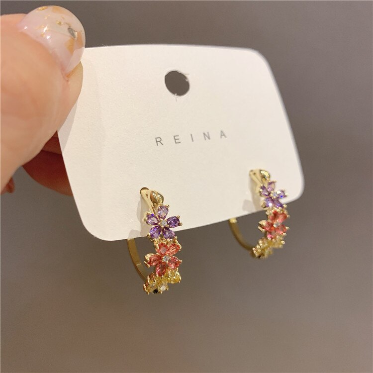 Exquisite Copper Inlaid Color Zircon Flower Semicircle Earrings for Women