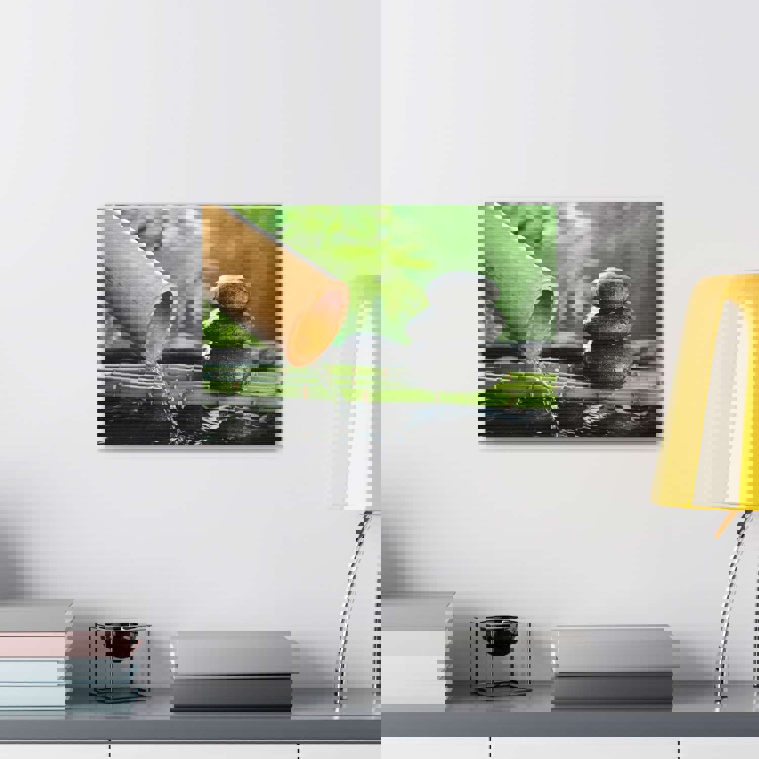 Traditional Bamboo Fountain Forest Floral Nature Photography Canvas Wall Art for Home Decor