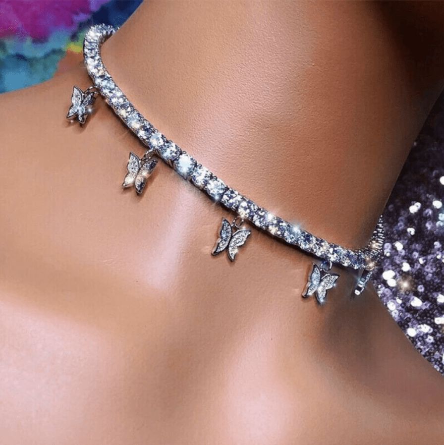 Annabella Butterfly Choker Necklace - 925 Sterling Silver with CZ Stones