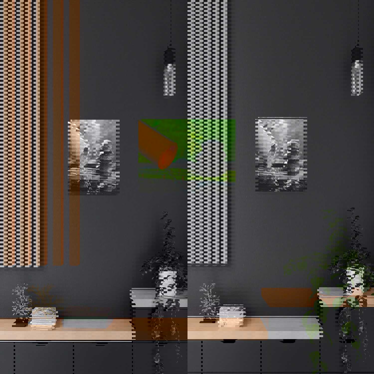 Traditional Bamboo Fountain Forest Floral Nature Photography Canvas Wall Art for Home Decor