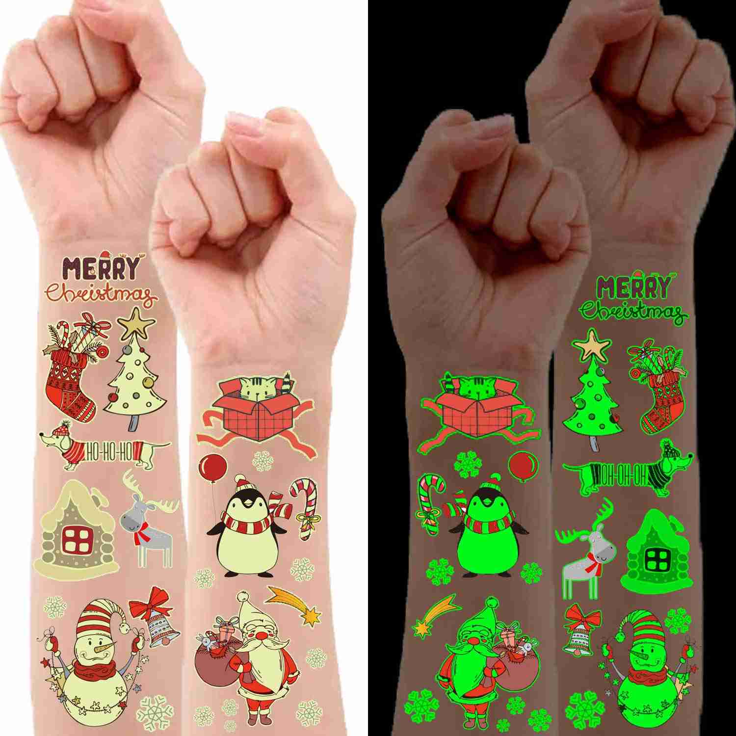 Partywind 10 Sheets Luminous Christmas Temporary Tattoos for Kids - Festive Holiday Stickers for Parties