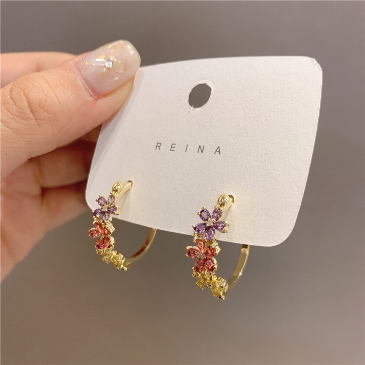 Exquisite Copper Inlaid Color Zircon Flower Semicircle Earrings for Women