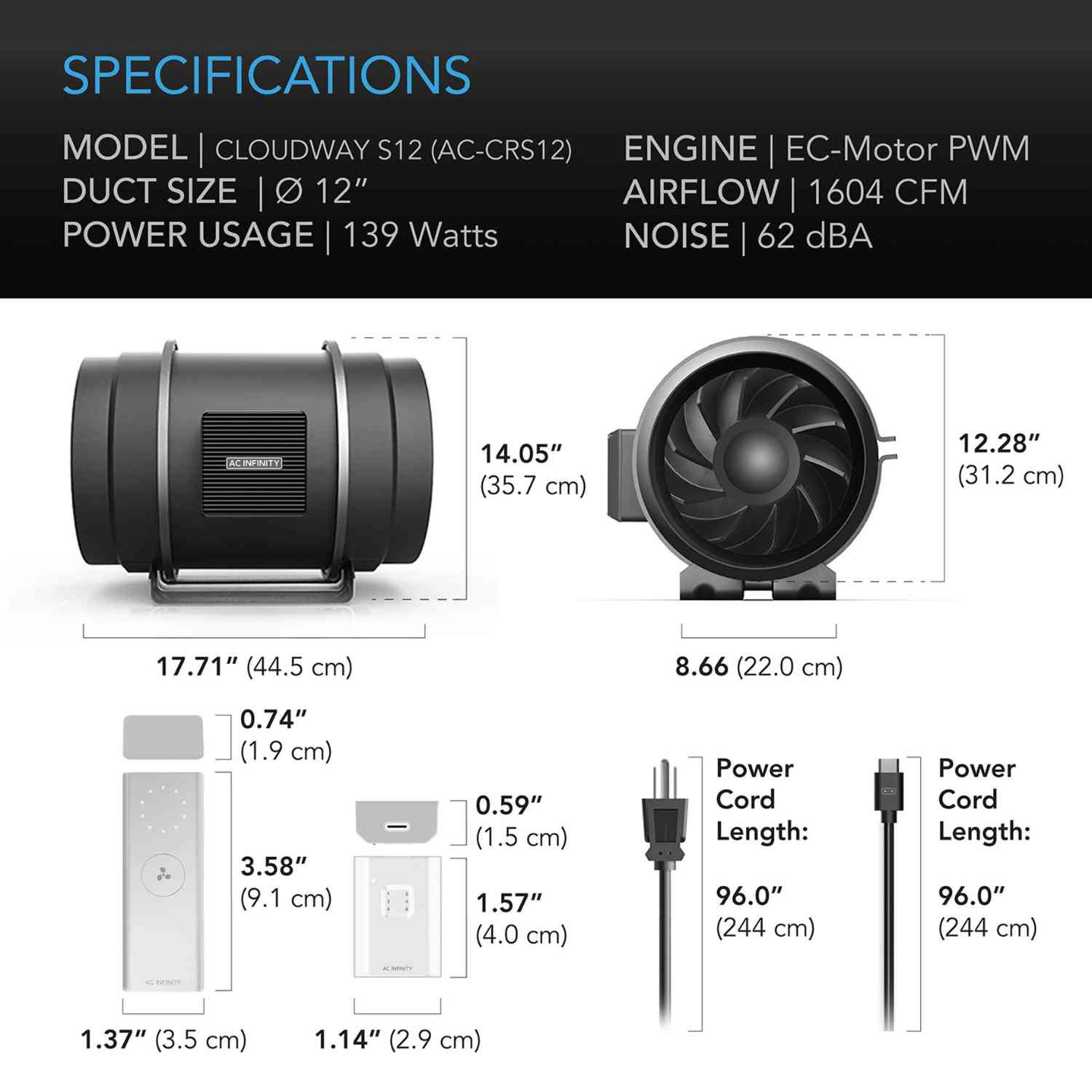 AC Infinity CLOUDWAY S12 Whole House EC Fan - 1600 CFM, Energy Efficient with Wireless Controller